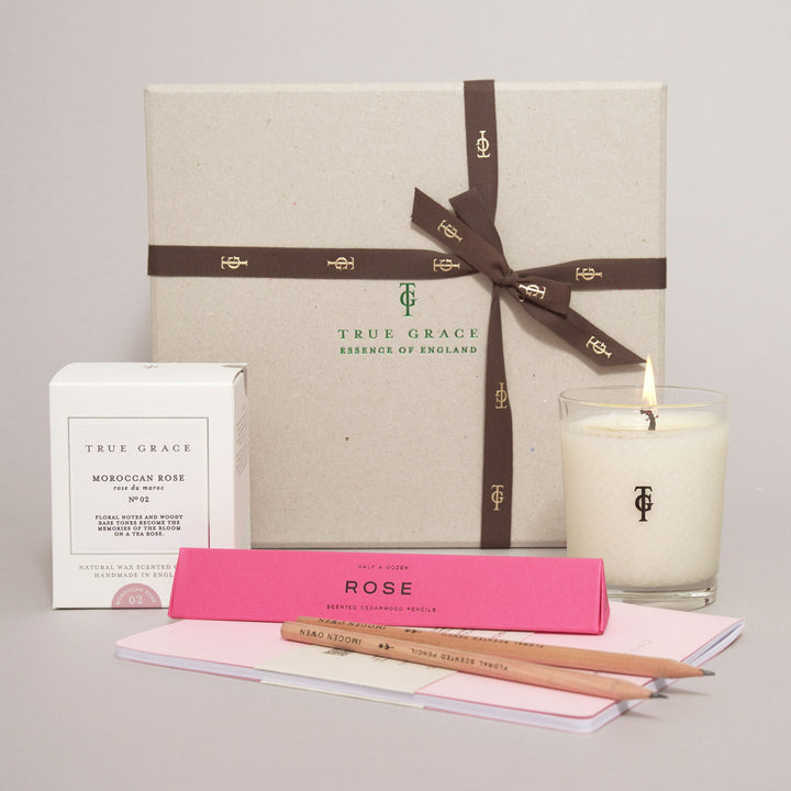 Moroccan Rose Candle, Scented Pencils & Notebook Set
